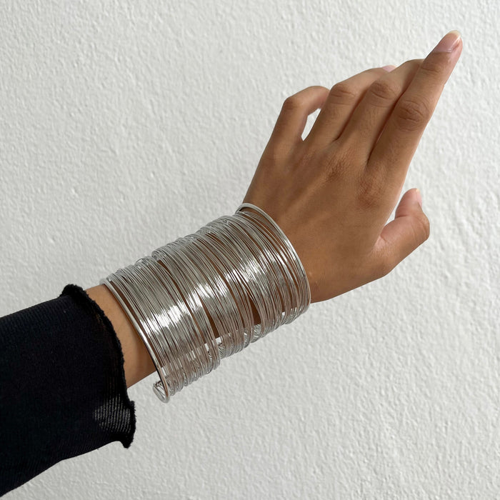 Vintage Silver Multi Wire Wide Cuff Bracelet, Layered Wire Statement Cuff