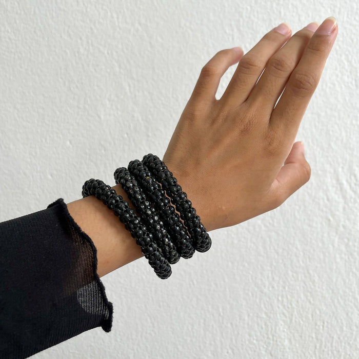 Vintage Black Beaded Coil Wrap Bracelet, Multi Row Seed Bead Cuff Bracelet