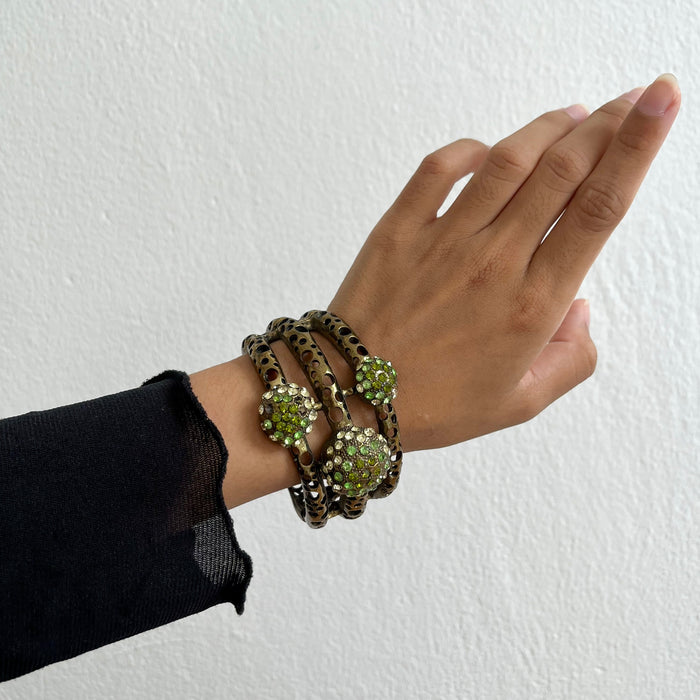 Vintage Brass Green Rhinestone Cuff Bracelet, Openwork Statement Hinged Bangle