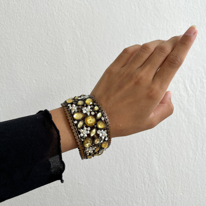 Vintage Amber Rhinestone Floral Cuff Bracelet, Antique Bronze Openwork Statement Bracelet