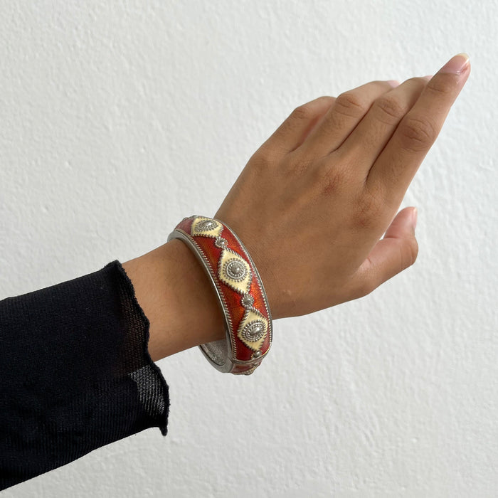 Vintage Enamel Hinged Bangle Bracelet, Silver Tone Geometric Statement Bracelet