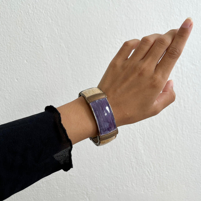 Vintage Purple & Cream Enamel Panel Stretch Bracelet, Retro Geometric Statement Bangle