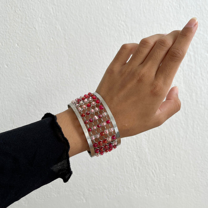 Vintage Beaded Mesh Cuff Bracelet, Boho Wire Weave Statement Open Bangle