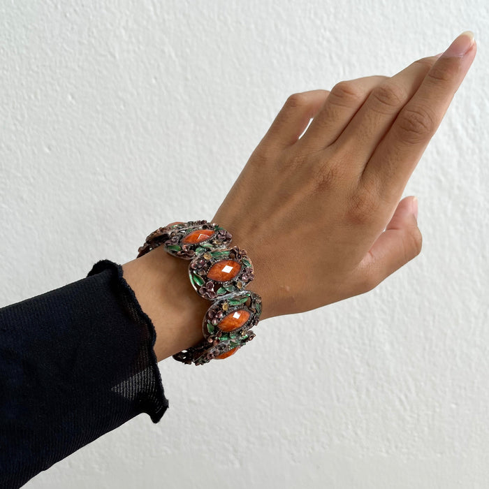 Vintage Oragne Stretch Bracelet, Enamel & Cabochon Statement Bracelet