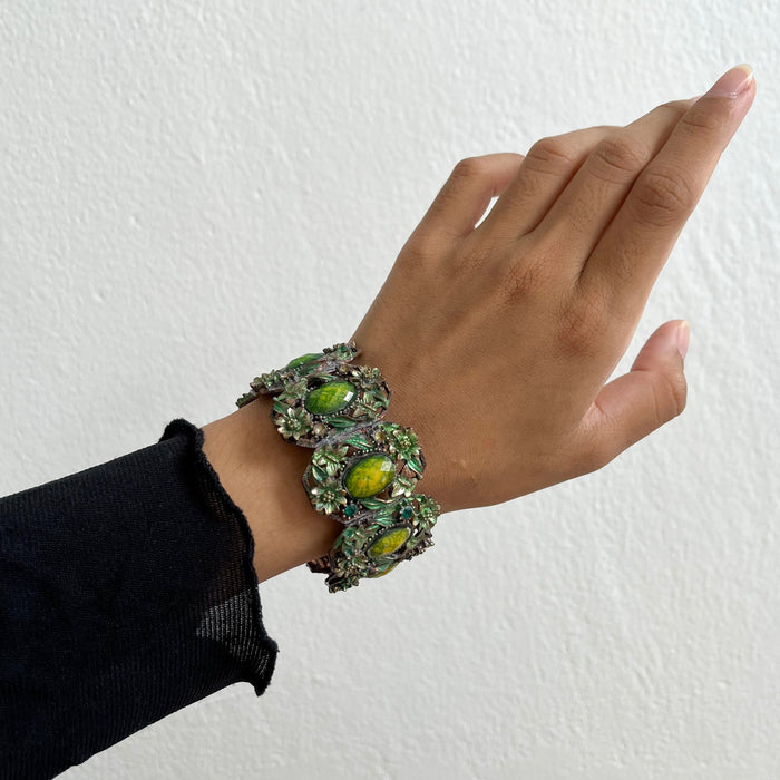 Vintage Green Floral Stretch Bracelet, Enamel & Cabochon Statement Bracelet