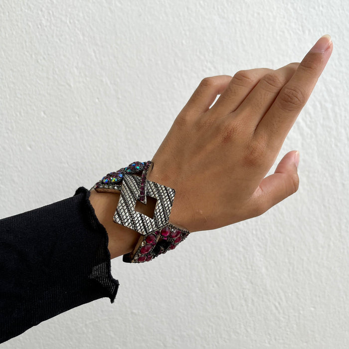 Vintage Geometric Rhinestone Statement Cuff Silver Tone Bracelet