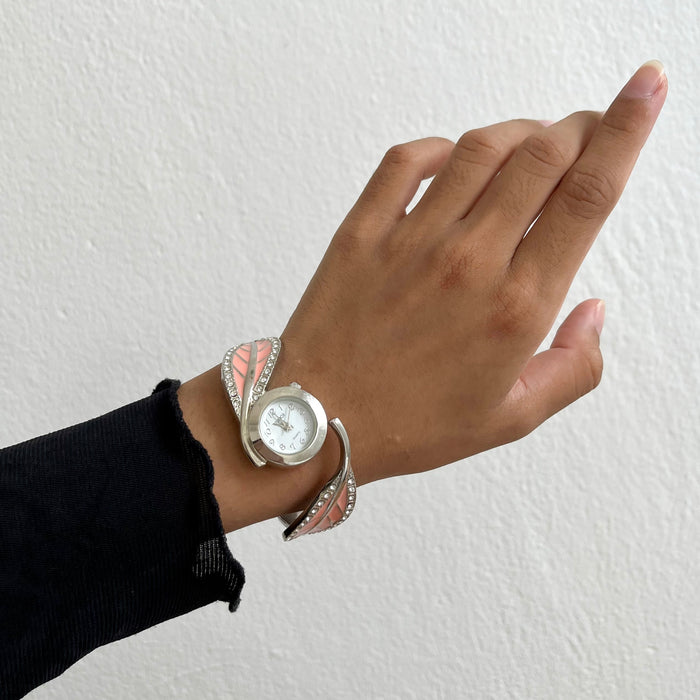 Vintage Studio Time Pink Enamel Cuff Watch, Silver Tone Rhinestone Bangle Watch