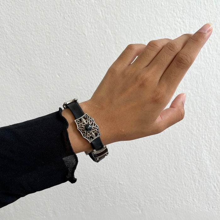 Vintage Black Leather Filigree Panel Silver Tone Bracelet
