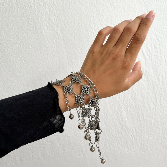 Vintage Silver Floral Dangle Bib Link Bracelet