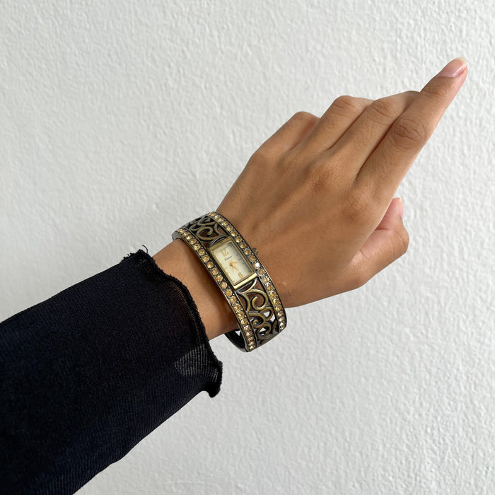 Vintage Lamue J-Axis Bangle Watch, Gold Tone Filigree Cuff Bracelet Watch, Rhinestone Crystal Bracelet