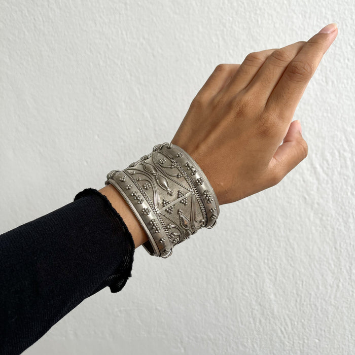 Vintage Silver-Tone Filigree Cuff Bracelet, Wide Statement Bangle, Ornate Floral Embossed Bracelet