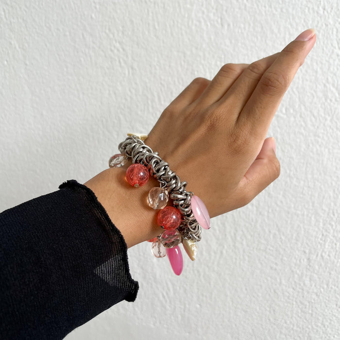 Vintage Lovisa Charm Bracelet, Chunky Silver-Tone Chain, Beaded Statement Bracelet