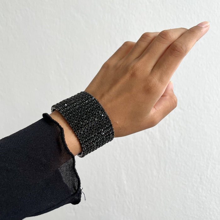 Vintage Black Rhinestone Wide Stretch Bracelet, Statement Crystal Bracelet