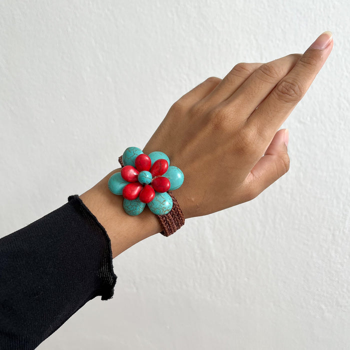 Vintage Turquoise & Red Stone Flower Bracelet, Handmade Woven Bracelet