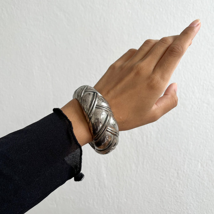 Vintage Silver-Tone Chunky Cuff Bracelet, Braided Textured Statement Bangle