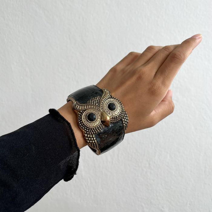 Vintage Black & Gold Owl Cuff Bracelet, Statement Bracelet, Enamel & Rhinestone Jewelry