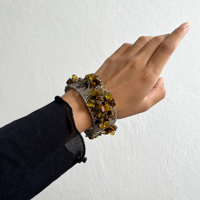 Vintage Wire Cuff Bracelet Amber Beaded Boho Jewelry