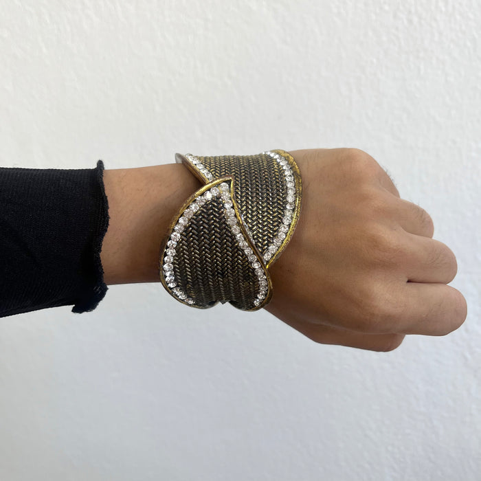 Vintage Gold-Tone Woven Cuff Bracelet with Crystal Accents