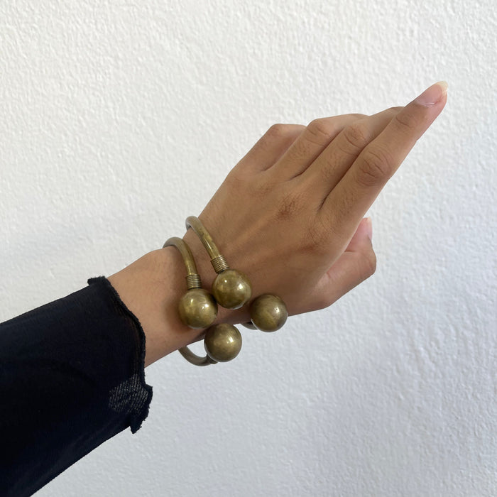Vintage Brass Open Cuff Bracelet with Spherical Ends 2 pieces