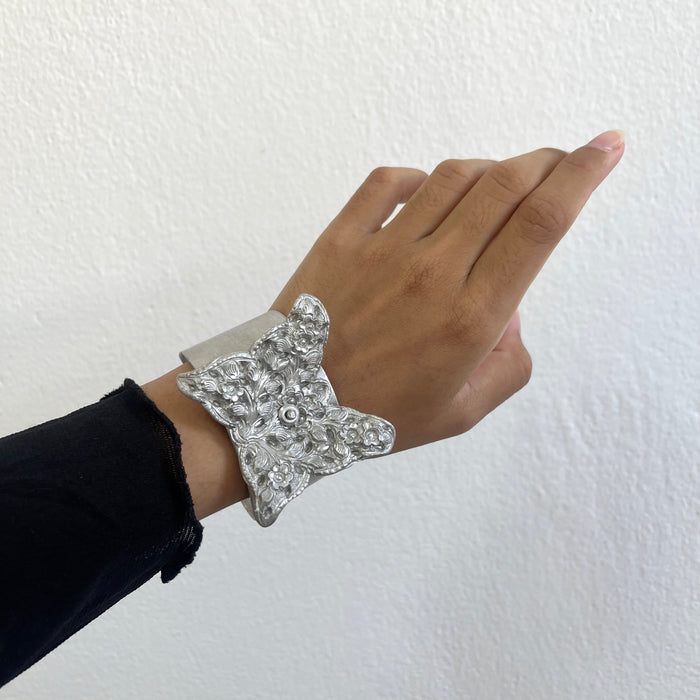 Vintage Silver Butterfly Floral Statement Cuff Bracelet
