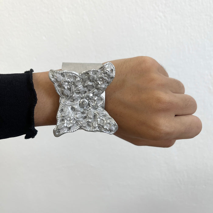 Vintage Silver Butterfly Floral Statement Cuff Bracelet