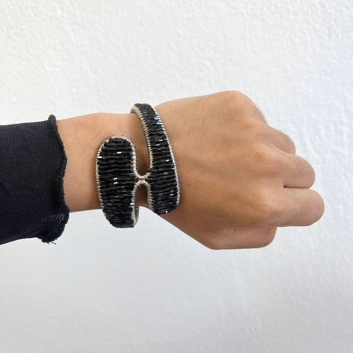 Vintage Black Beaded Wire-Wrapped Statement Cuff Bracelet