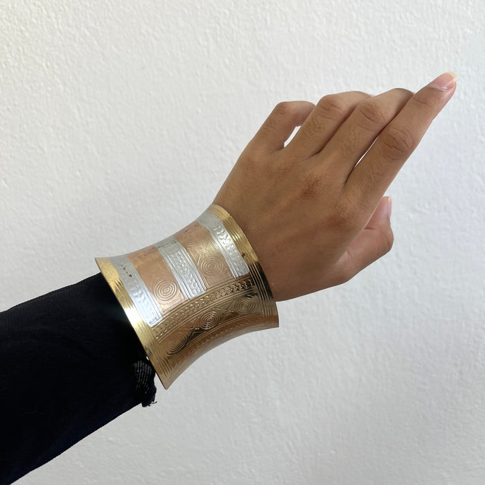 Vintage Two-Tone Gold & Silver Engraved Statement Cuff Bracelet
