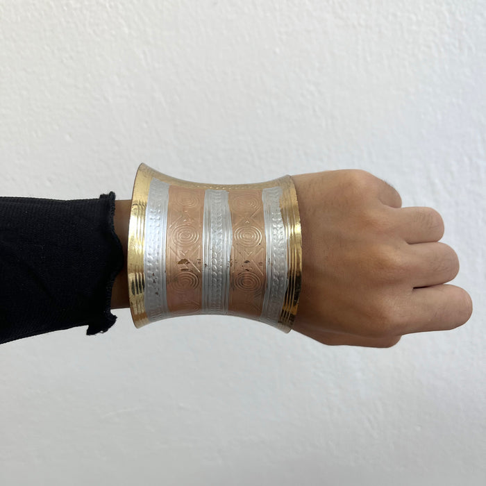 Vintage Two-Tone Gold & Silver Engraved Statement Cuff Bracelet
