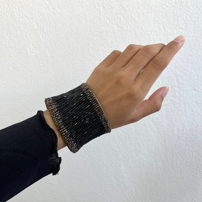 Vintage Black Beaded Wide Cuff Bracelet