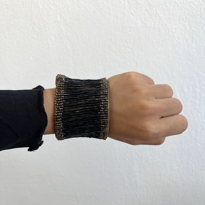 Vintage Black Beaded Wide Cuff Bracelet