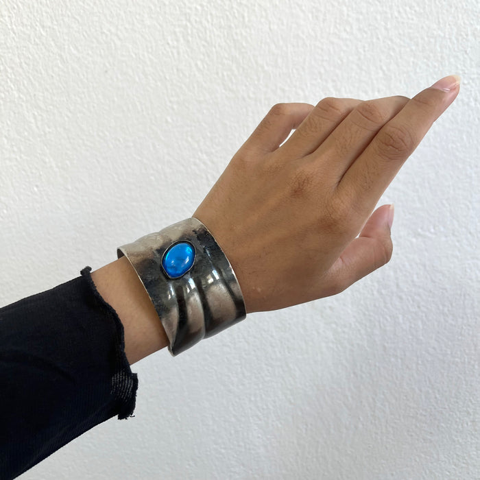 Vintage Oxidized Silver Cuff Bracelet with Blue Cabochon