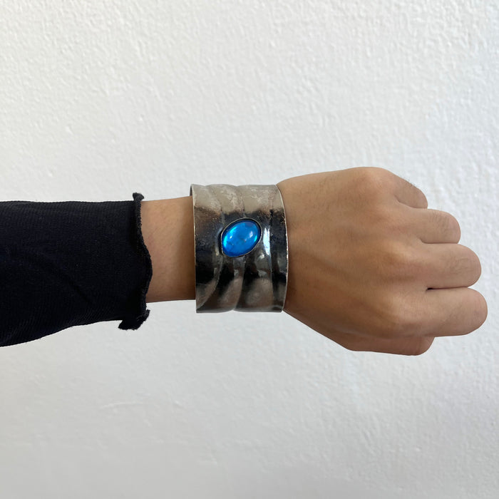 Vintage Oxidized Silver Cuff Bracelet with Blue Cabochon