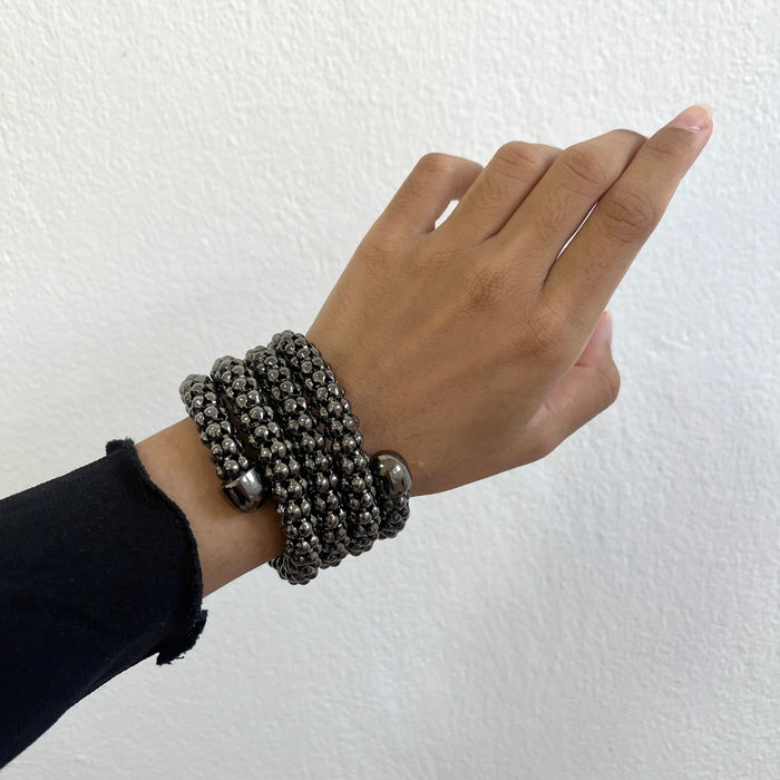 Vintage Hematite Black Beaded Statement Cuff Bracelet