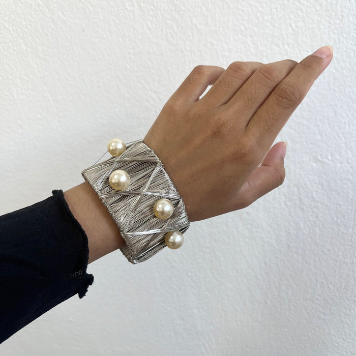 Vintage Silver Wire-Wrapped Pearl Statement Cuff Bracelet