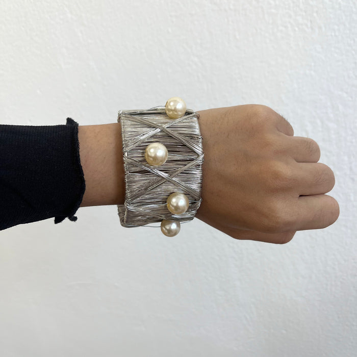 Vintage Silver Wire-Wrapped Pearl Statement Cuff Bracelet