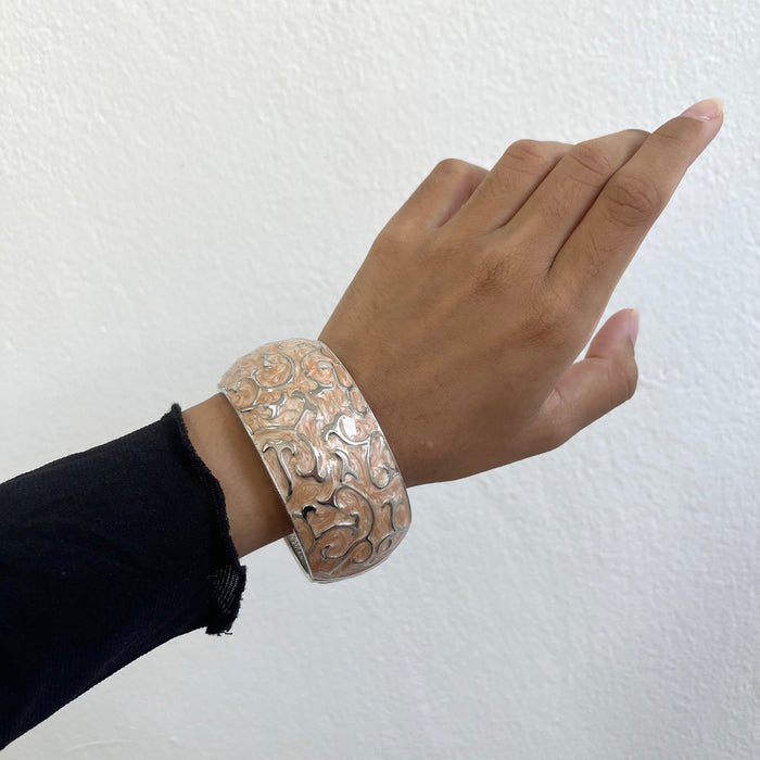 Vintage Peach Enamel Silver-Tone Statement Cuff Bracelet
