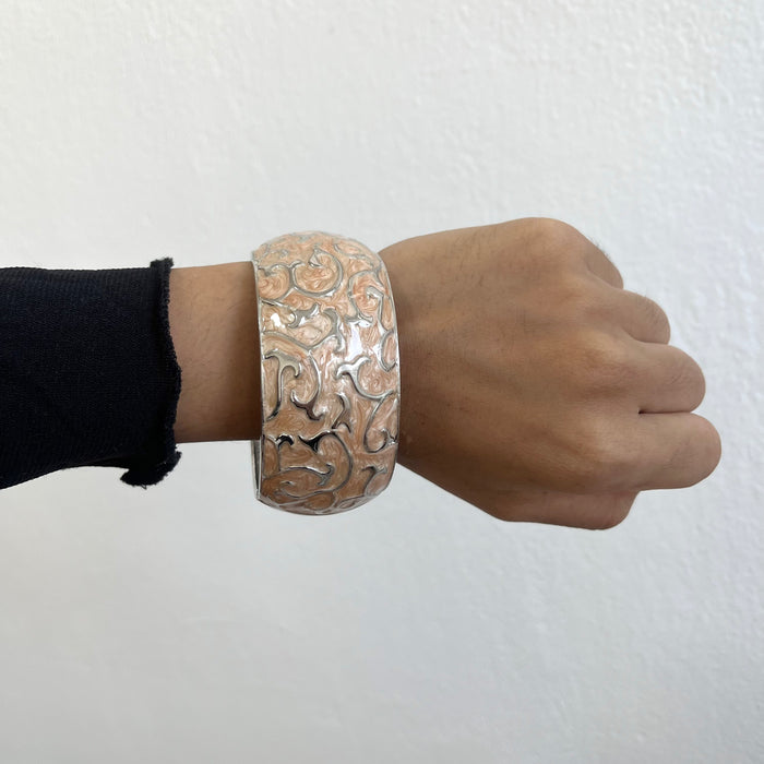 Vintage Peach Enamel Silver-Tone Statement Cuff Bracelet