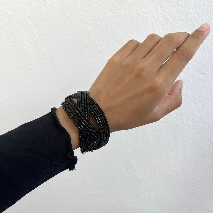 Vintage Black Beaded Multi-Strand Cuff Bracelet
