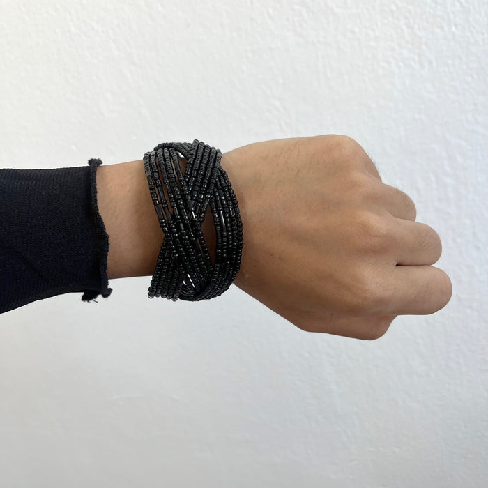 Vintage Black Beaded Multi-Strand Cuff Bracelet
