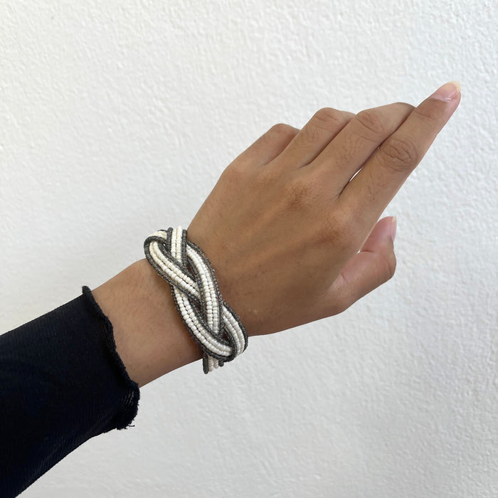 Vintage Ivory & Gunmetal Beaded Multi-Strand Cuff Bracelet