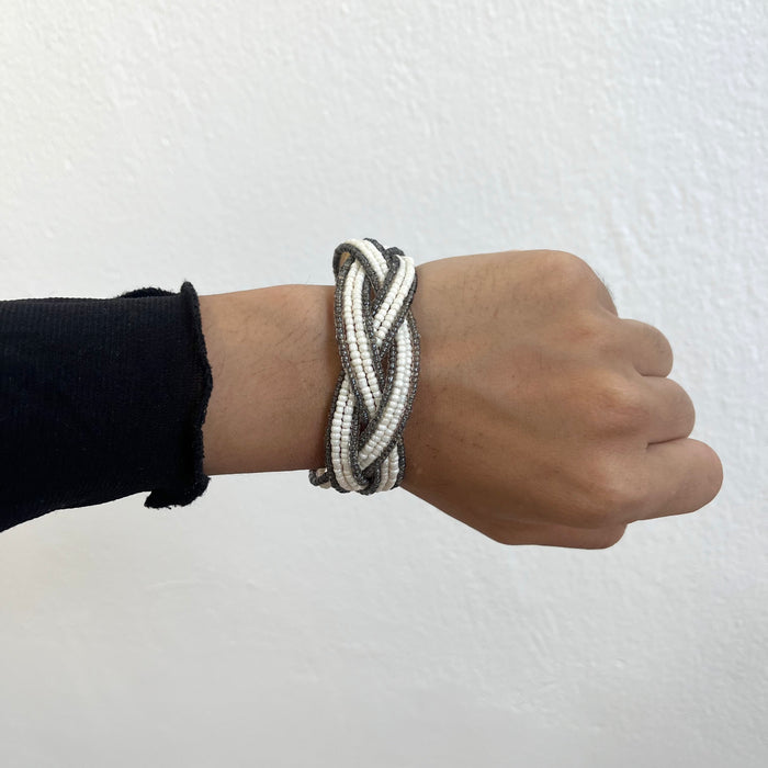 Vintage Ivory & Gunmetal Beaded Multi-Strand Cuff Bracelet