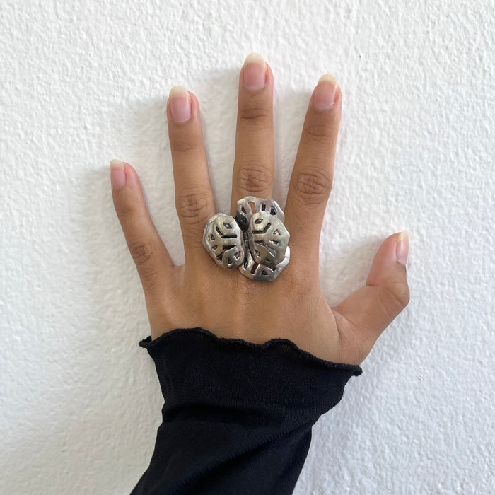 Vintage Silver-Tone Abstract Floral Cluster Statement Ring