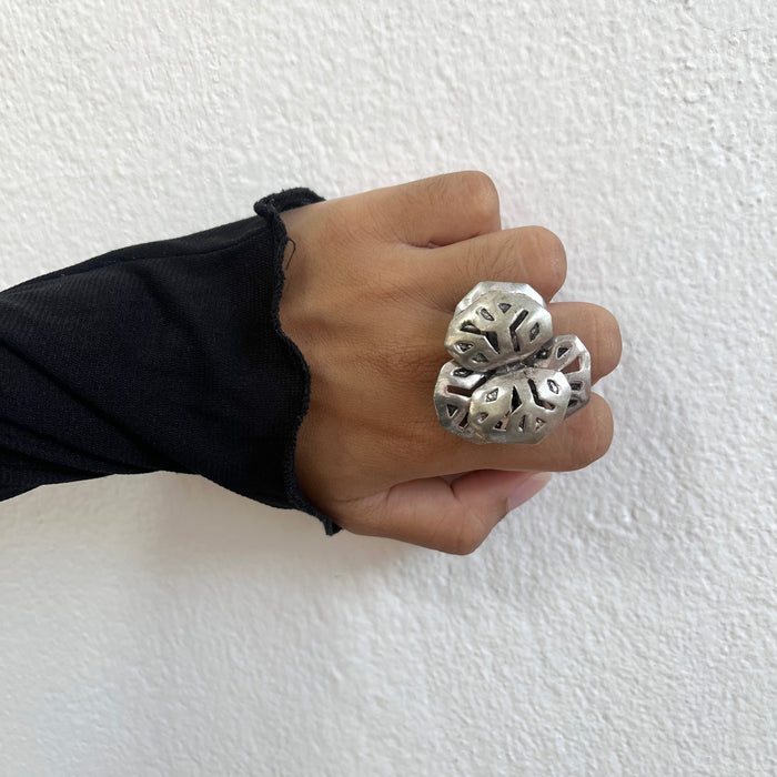 Vintage Silver-Tone Abstract Floral Cluster Statement Ring