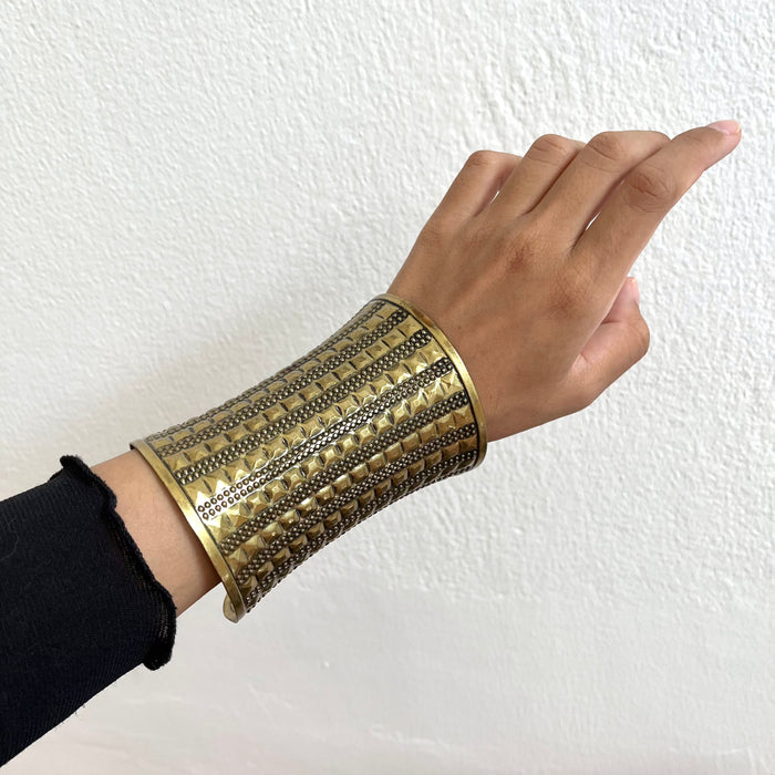 Vintage Gold-Tone Textured Wide Cuff Statement Bracelet