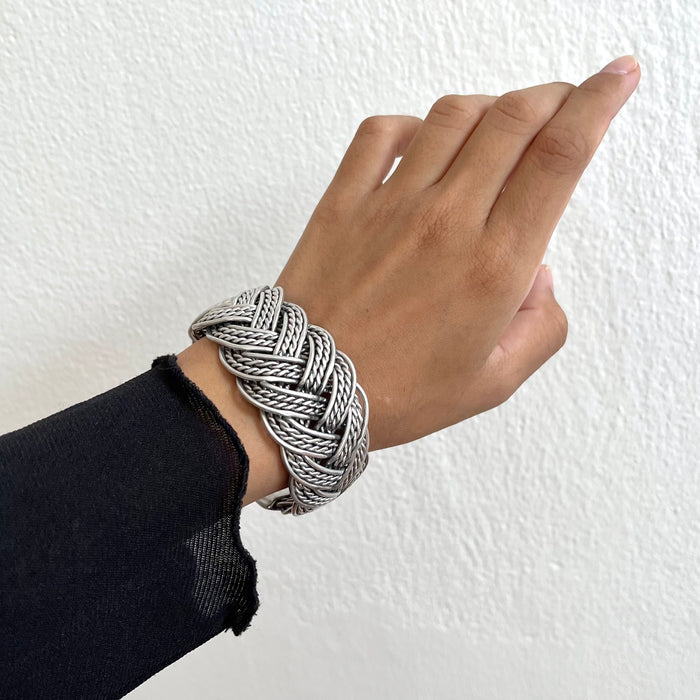 Vintage Silver-Tone Braided Chain Cuff Bracelet