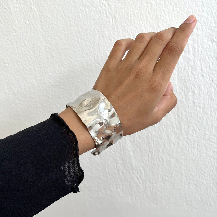 Vintage Silver-Tone Hammered Wide Cuff Statement Bracelet