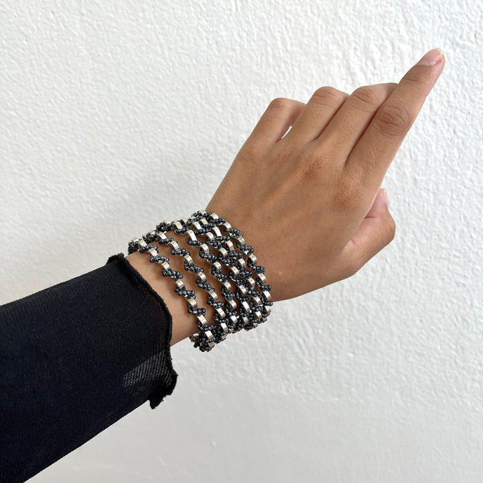 Vintage Silver-Tone Multi-Strand Black Beaded Cuff Bracelet