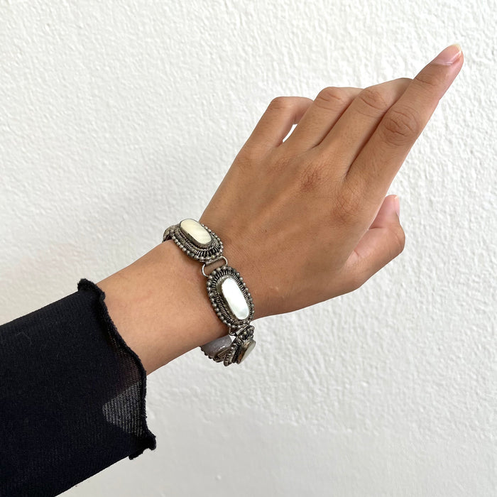 Vintage Silver Tone White Stone Link Bracelet
