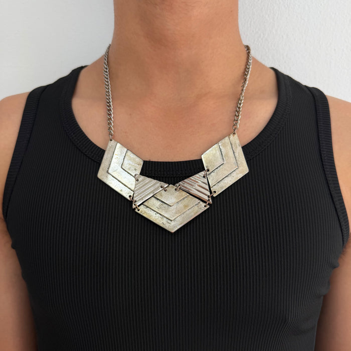 Vintage Geometric Statement Necklace, Silver-Tone Chevron Pendant