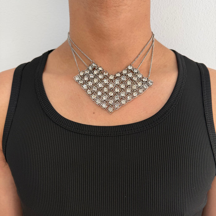 Vintage Rhinestone Bib Necklace, Silver Tone Crystal Statement Necklace